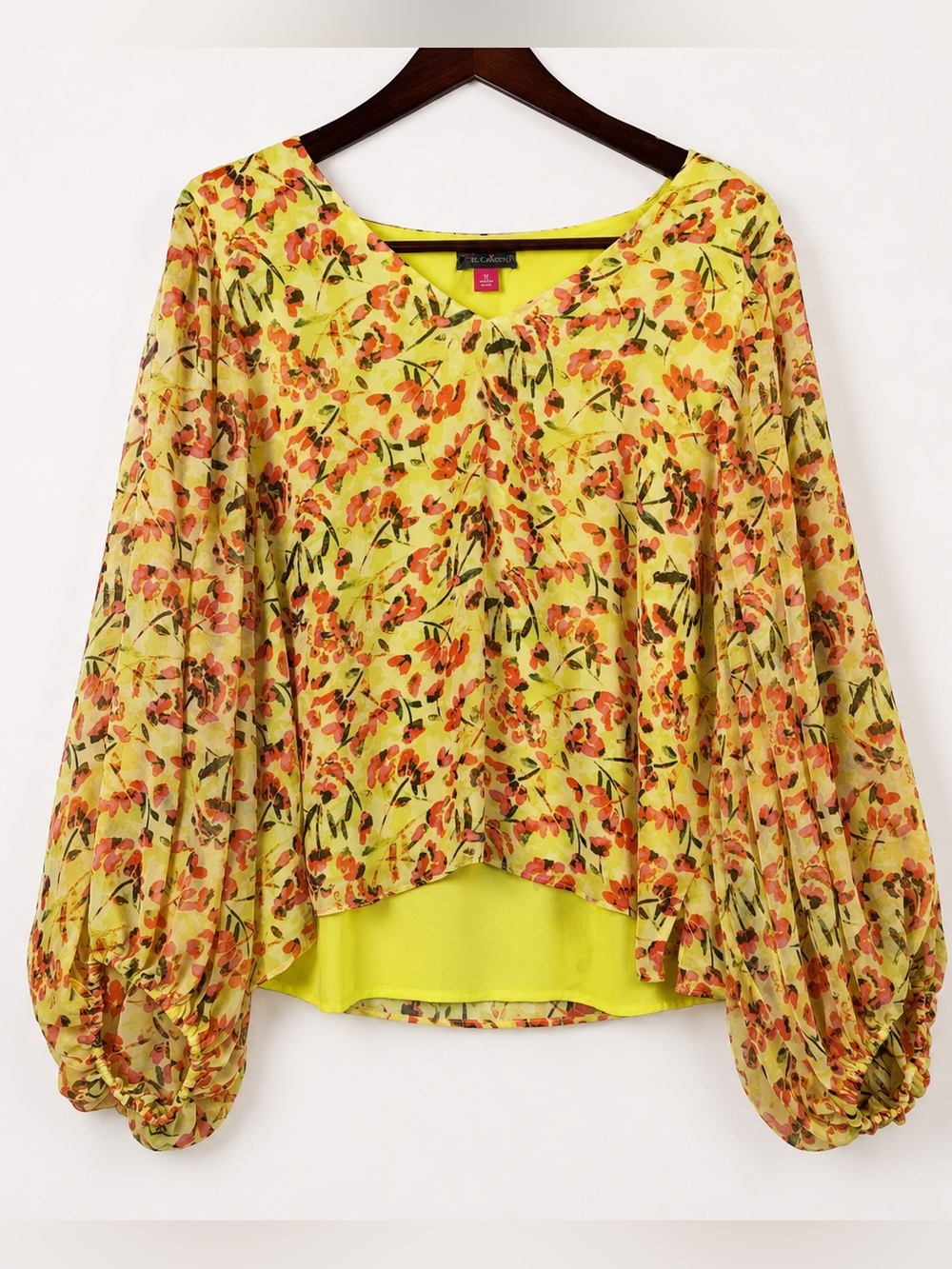 Vince Camuto Floral Sheer Sleeve Blouse XL Yellow Statement Sleeve Top